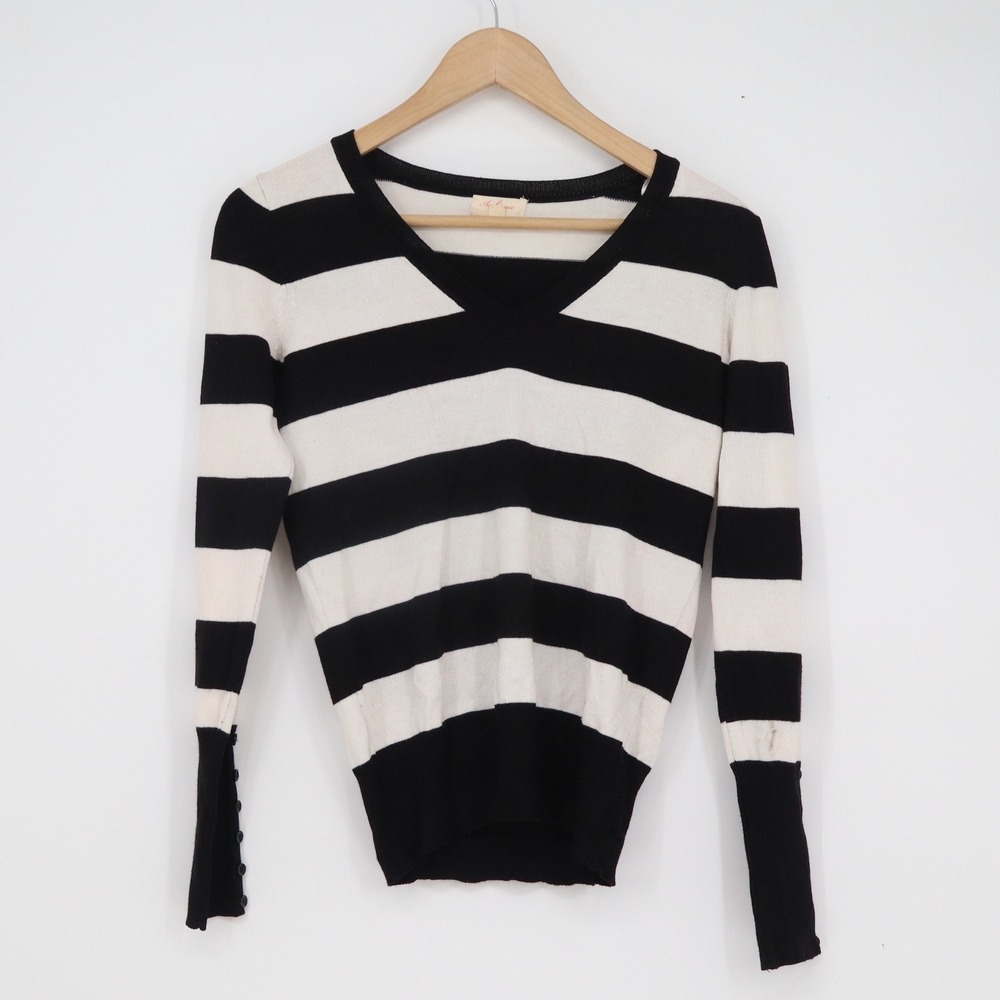 Ambiance Mens Black White Striped V-Neck Sweater Button Cuff Rayon Blend M